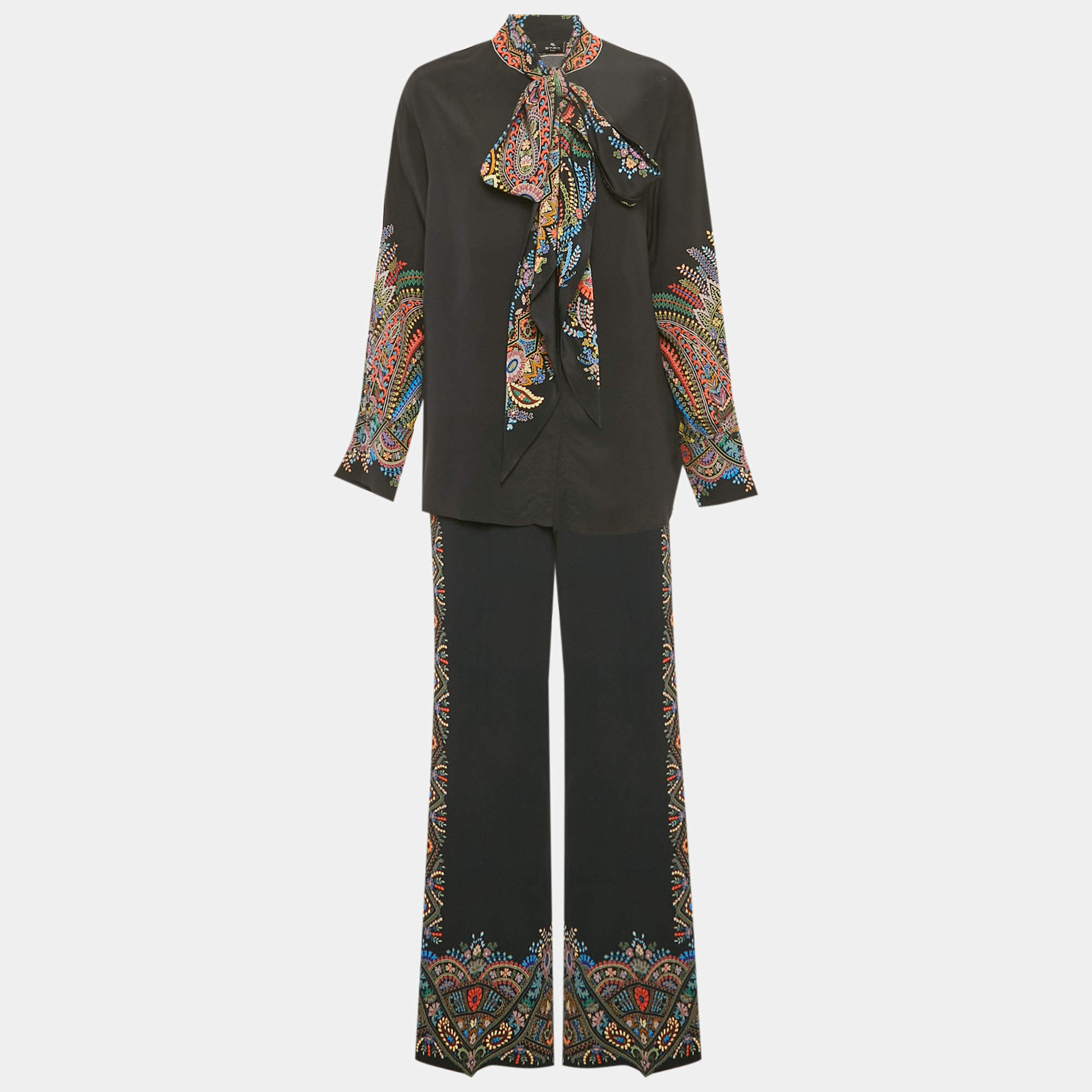 مملوكة مسبقًا Etro Black Black Printed Silk & Crepe Top & Pants Set S/M