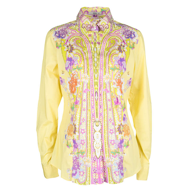 Etro Yellow Floral Printed Cotton Long Sleeve Button Front Shirt L