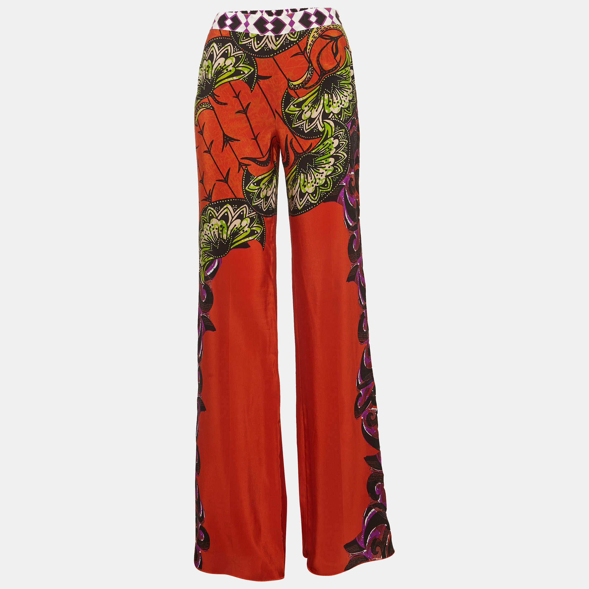 Pre Owned Etro Orange Floral Print Silk Palazzo Pants S