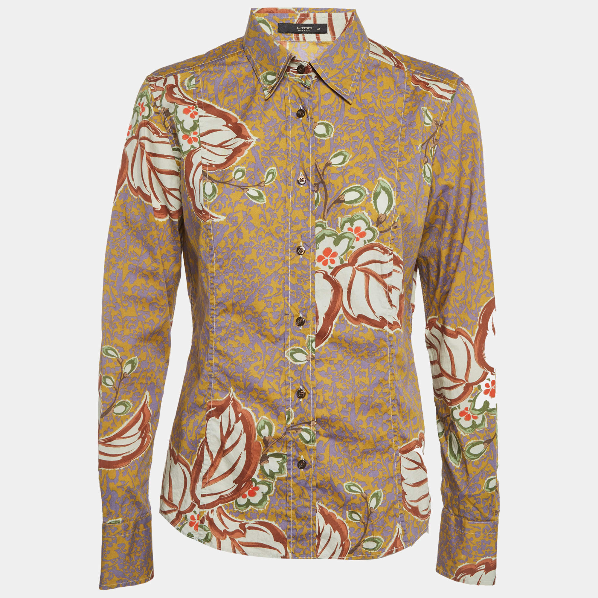Pre Owned Etro Yellow Printed Cotton Long Sleeve Shirt L