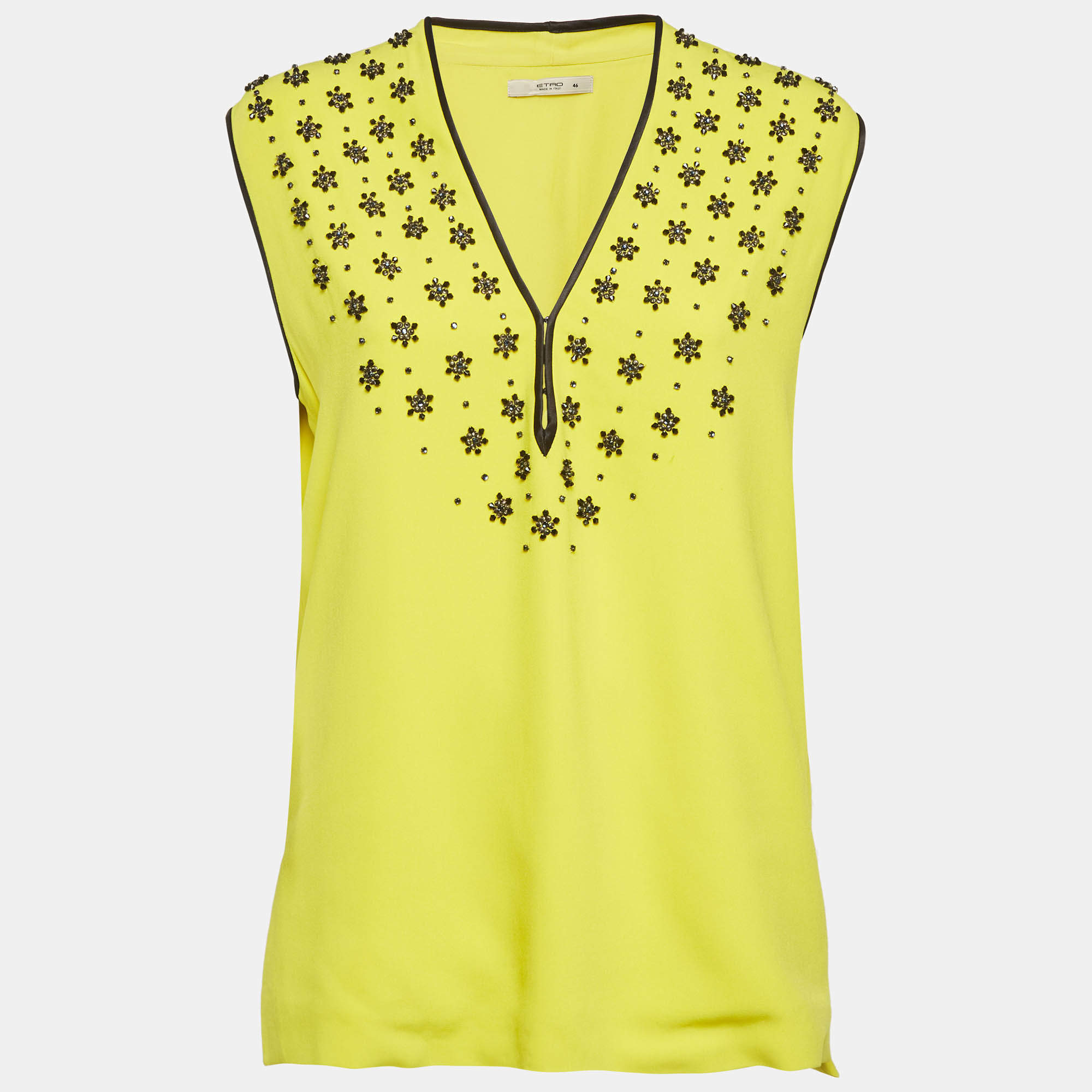 Pre Owned Etro Yellow Embellished Crepe Sleeveless Top L