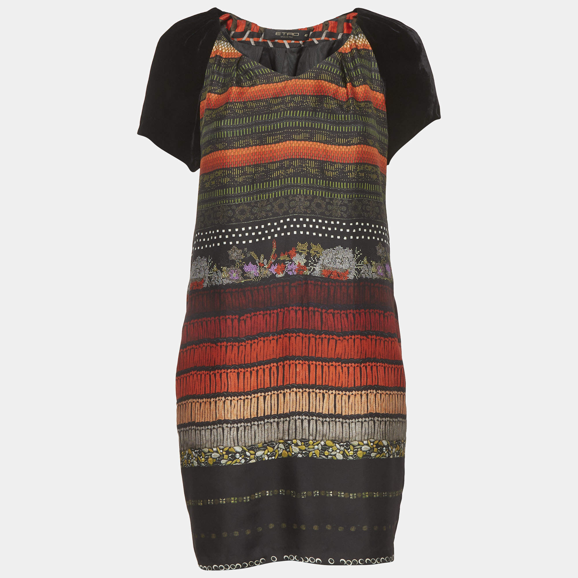 Pre Owned Etro Black Abstract Print Silk Blend and Velvet Mini Dress M