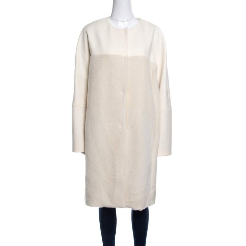 Pre Owned Etro Cream Alpaca Wool Faux Fur Mix Media Over Coat L