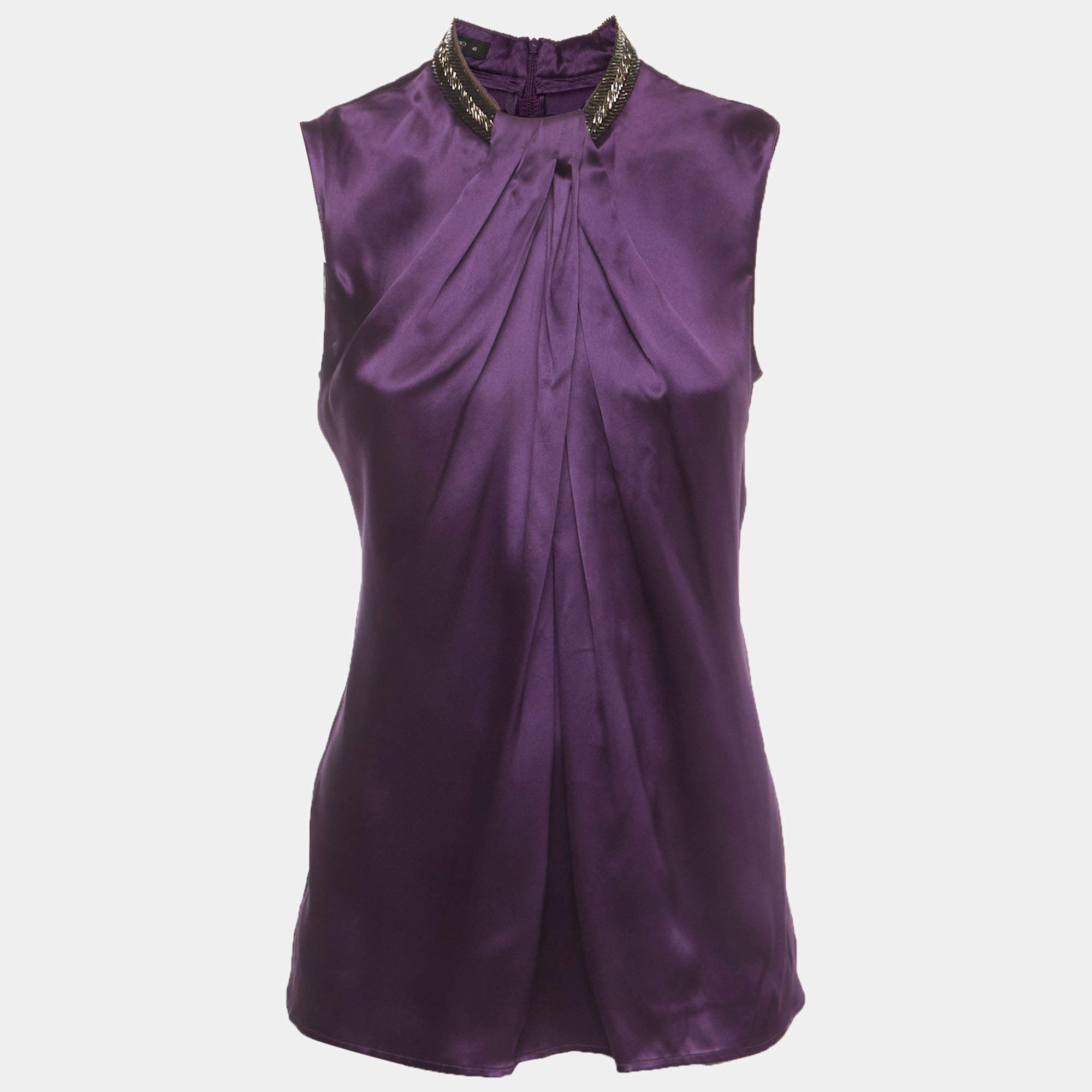 Pre Owned Etro Purple Draped Stretch Satin Beaded Mock Neck Blouse S