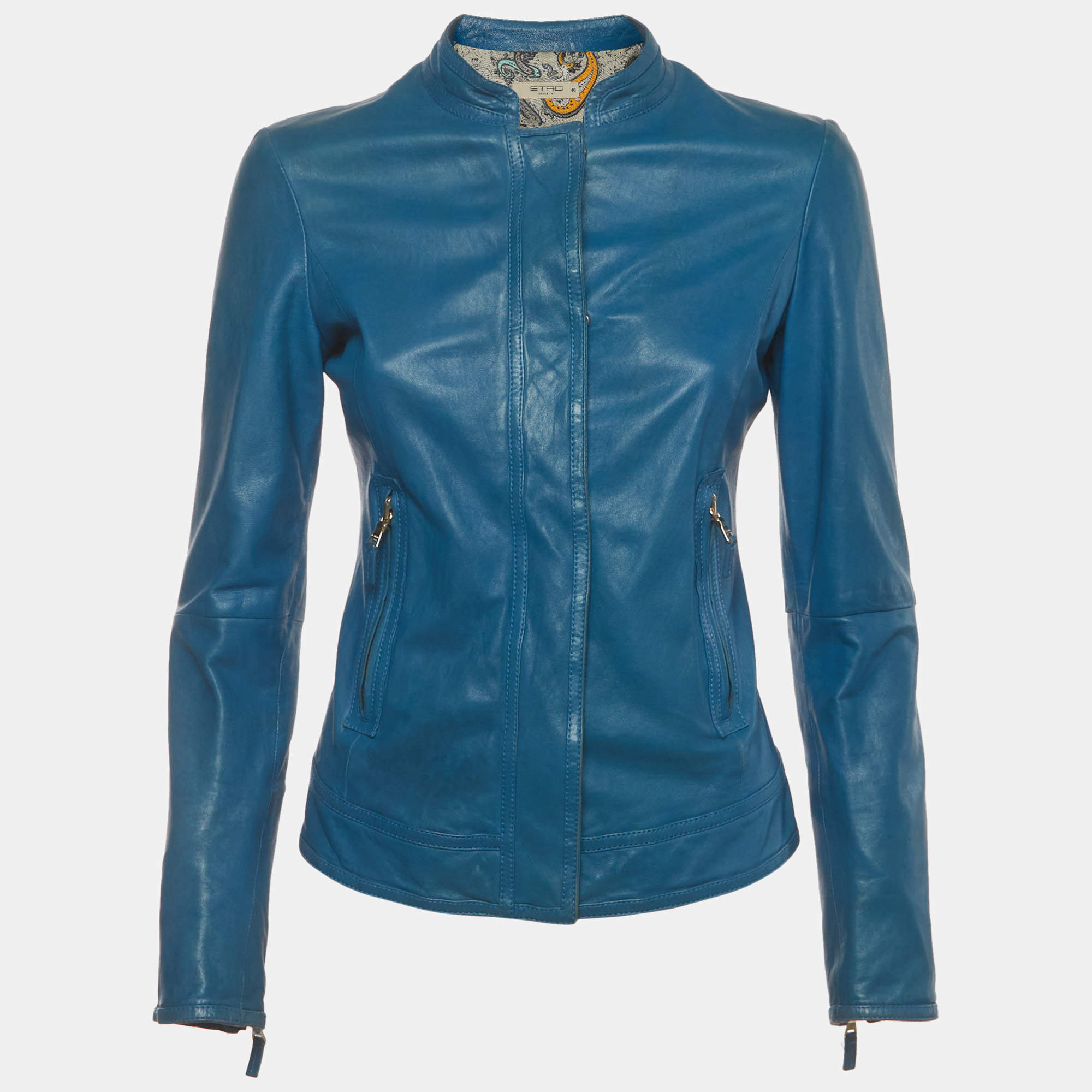 مملوكة مسبقًا Etro Blue Leather Zip Up Long Sleeve Biker Jacket S