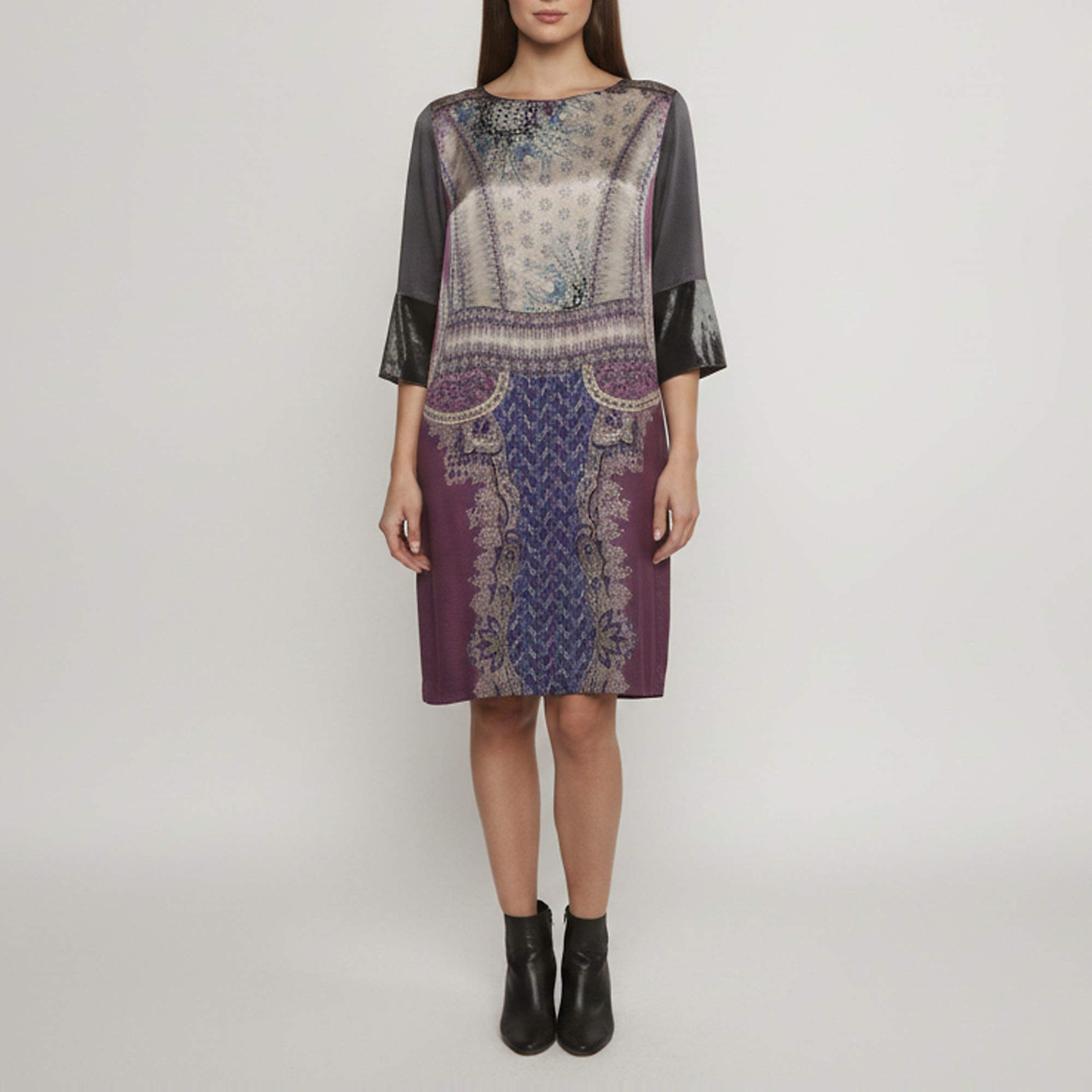Pre Owned Etro Purple Paisley Print Satin Velvet Trim Shift Dress M