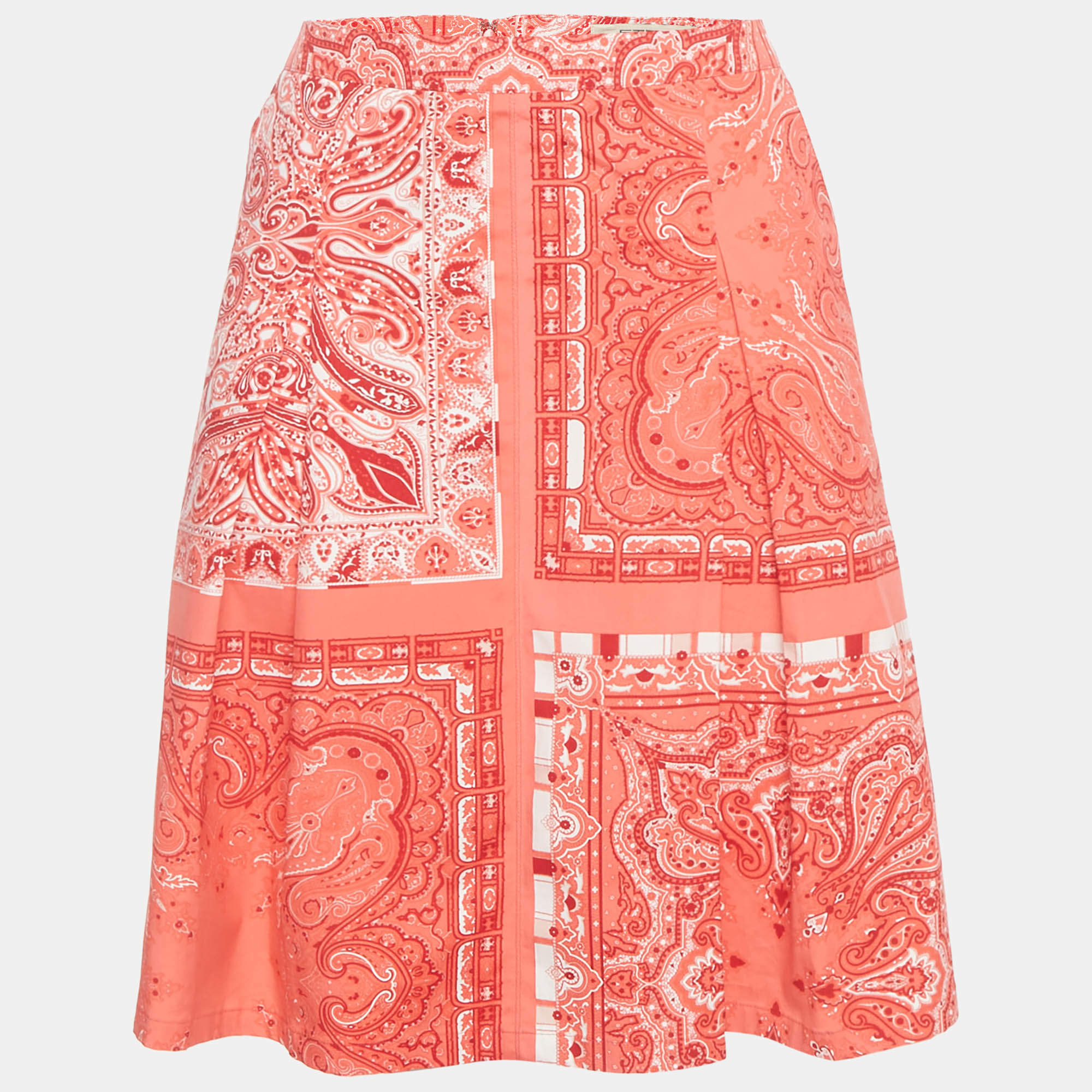 Pre Owned Etro Red Paisley Printed Cotton Box Pleated Skirt L