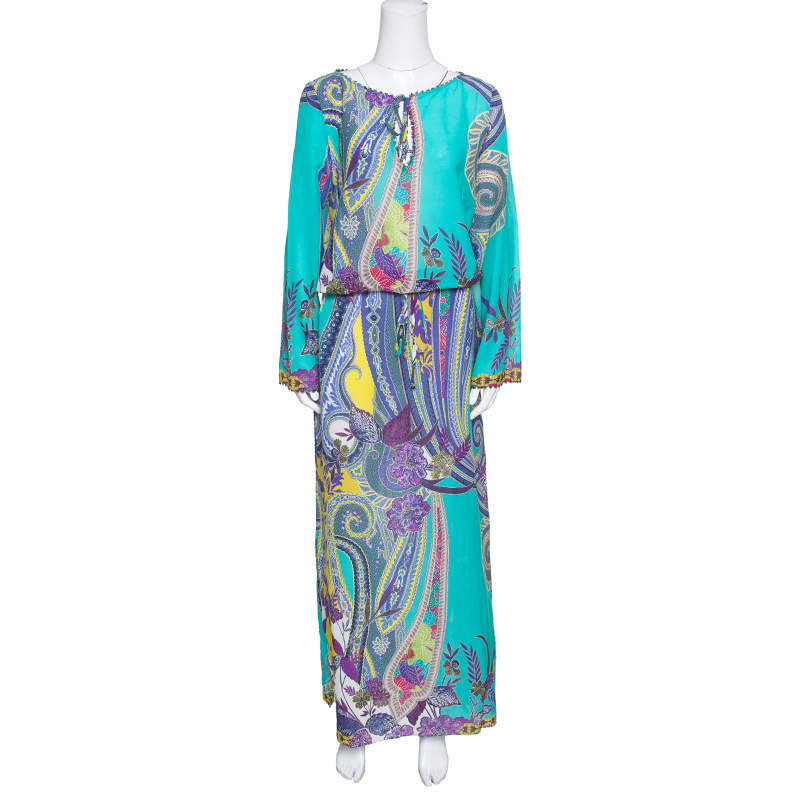 Etro Multicolor Printed Cotton and Silk Waist Tie Detail Kaftan Dress M