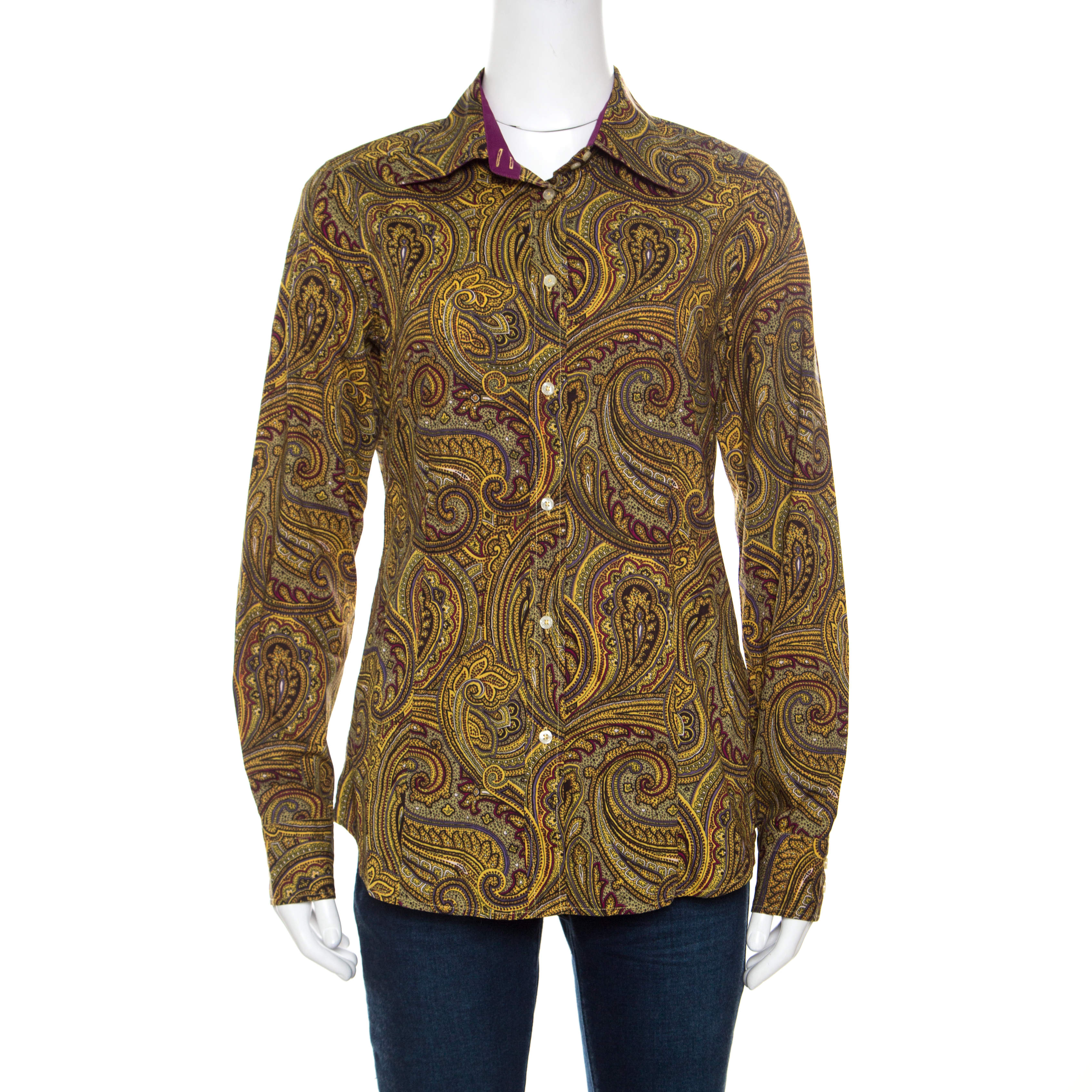 مملوكة مسبقًا Etro Yellow Paisley Printed Cotton Contrast Trim Detail Long Sleeve Blouse M