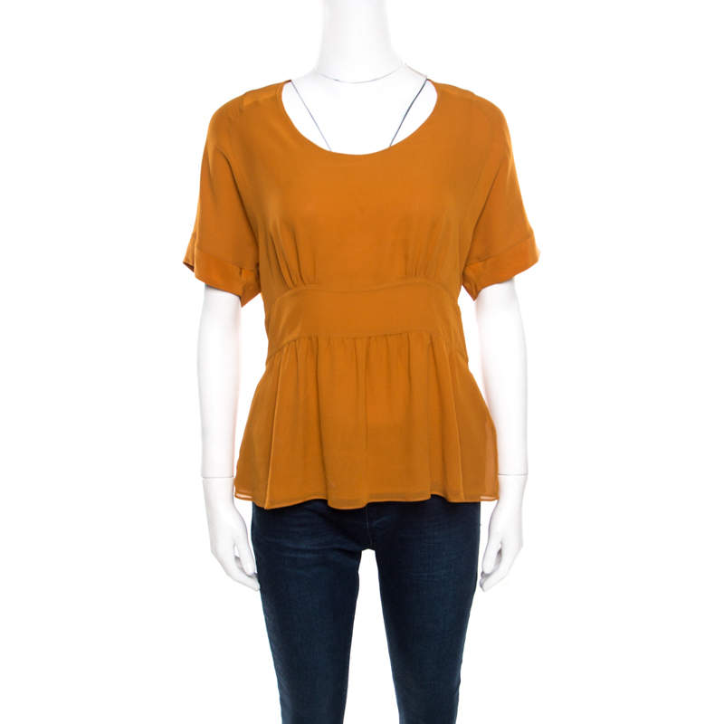 Pre Owned Etro Mustard Brown Silk Smocked Waist Short Sleeve Top L