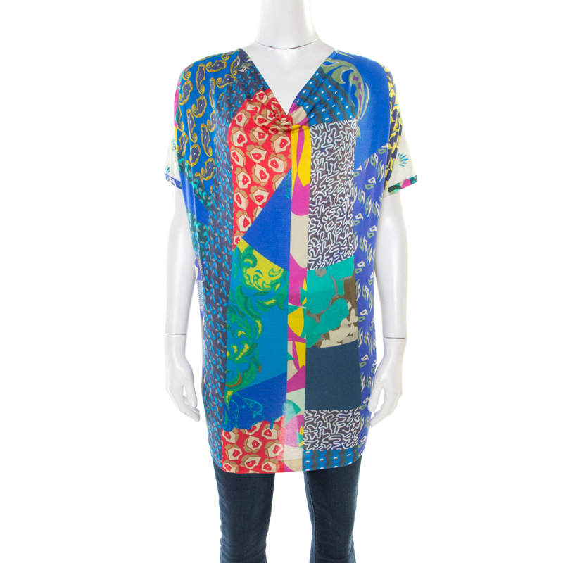 Pre Owned Etro Multicolor Printed Jersey Draped Neck Top M