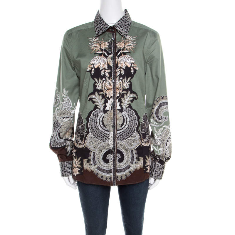 Pre Owned Etro Sage Green Floral Placement Print Button Front Shirt L 