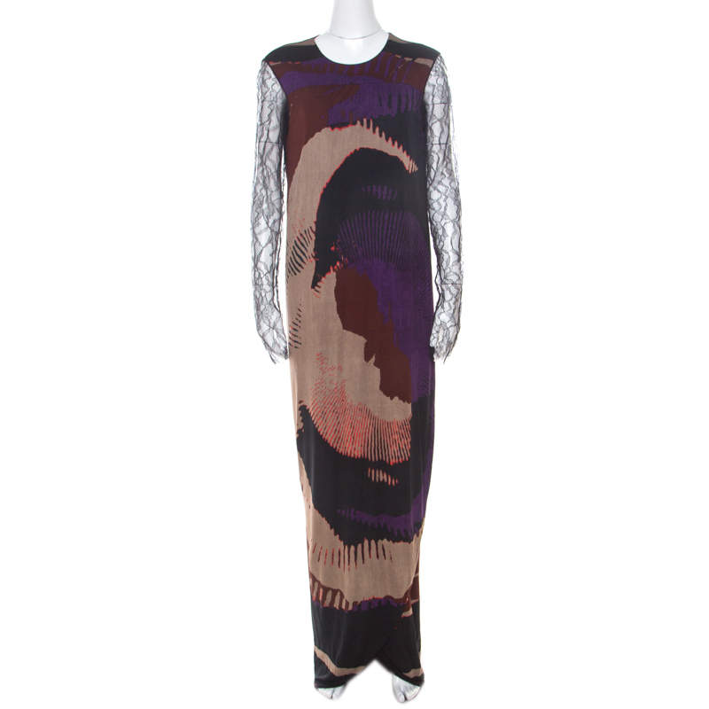 Pre Owned Etro Multicolor Printed Jersey Lace Sleeve Detail Maxi Dress L 