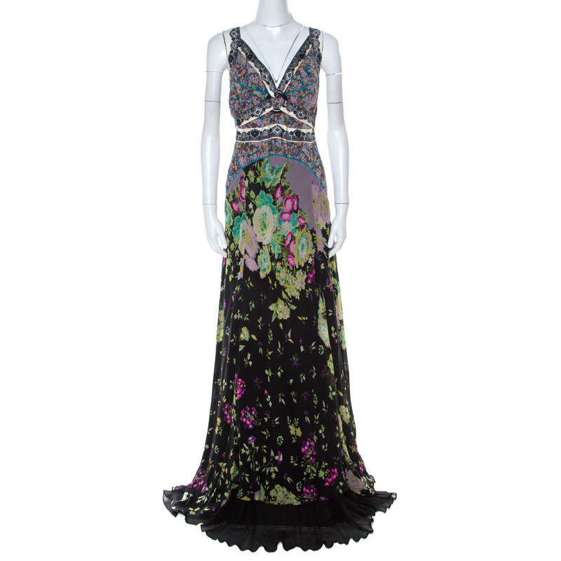 Pre Owned Etro Multicolor Printed Crisscross Back V-Neck Long Dress L