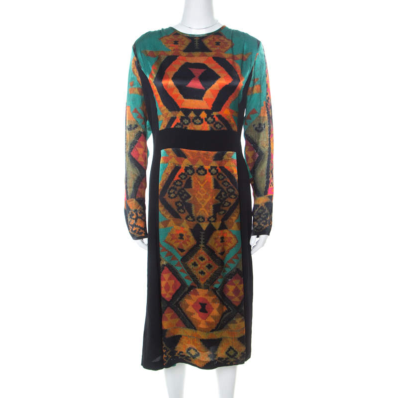Pre Owned Etro Black & Multicolor Ikat Print Satin & Crepe Full Sleeve Dress M