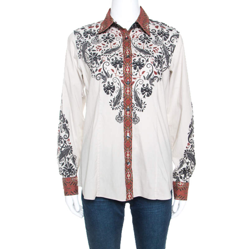 مملوكة مسبقًا Etro Beige Printed Stretch Cotton Button Front Shirt L