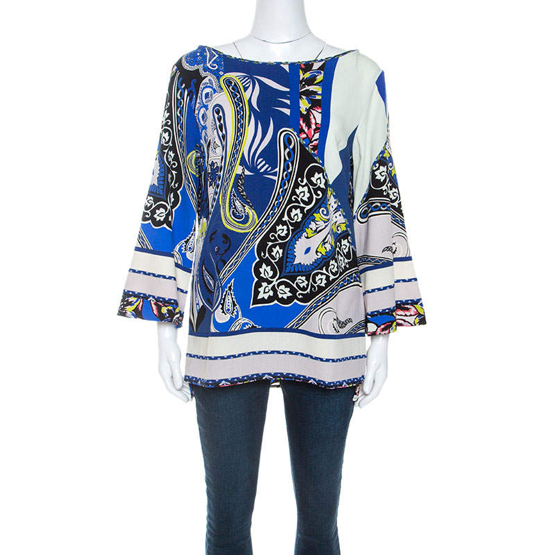 Pre Owned Etro Blue Printed Wool Crepe Top L
