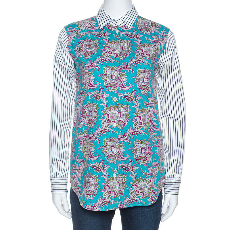 Etro Multicolor Paisley and Striped Print Cotton Button Front Shirt S