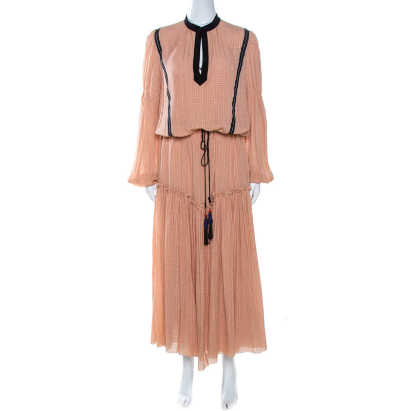 Etro Peach Textured Silk Waist Tie Detail Maxi Dress M