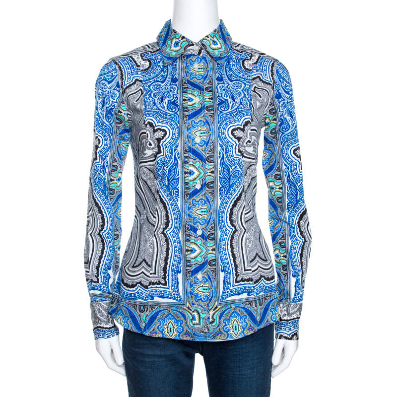 Pre Owned Etro Blue Printed Stretch Cotton Long Sleeve Shirt S