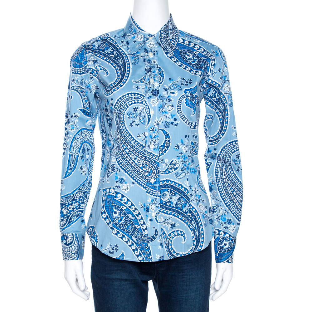 Etro Blue Paisley Print Stretch Cotton Shirt S