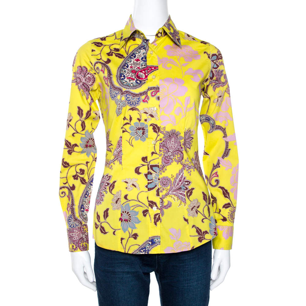 Pre Owned Etro Yellow Floral Paisley Print Stretch Cotton Shirt S