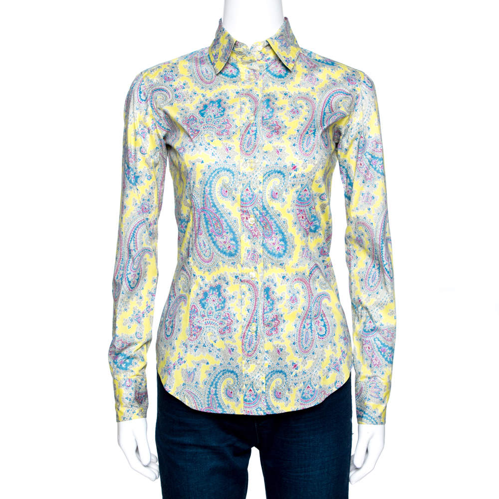 مملوكة مسبقًا قميص إينرو قطن سترتش أصفر ليموني طباعة بيزلي مقاس صغير (سمول)