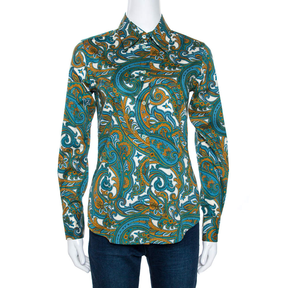 Pre Owned Etro Green & Blue Paisley Print Stretch Cotton Shirt S