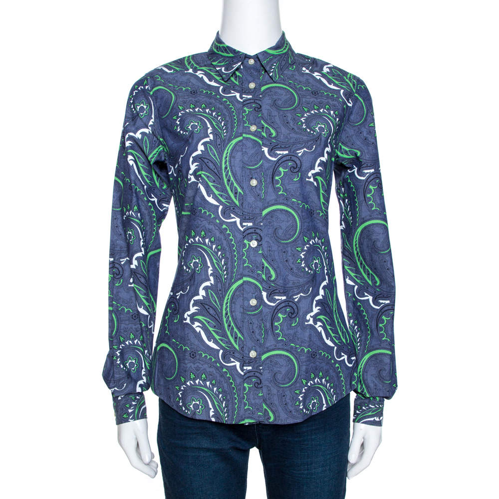 Pre Owned Etro Blue Paisley Print Stretch Cotton Chambray Shirt S