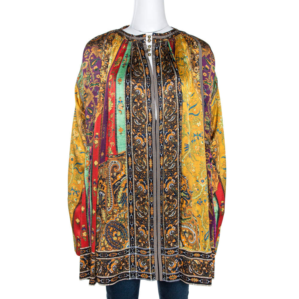 Etro Multicolor Panelled Print Silk Pleated Tunic Top L