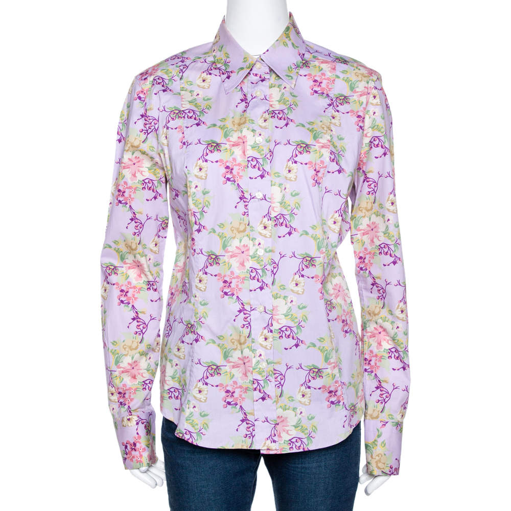 مملوكة مسبقًا Etro Mauve Floral Printed Cotton Button Front Fitted Shirt L