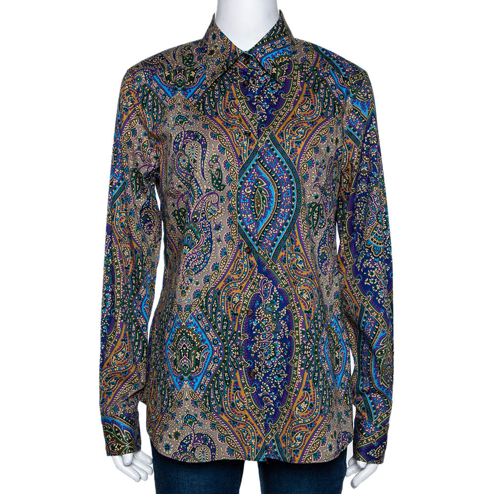 Pre Owned Etro Multicolor Paisley Printed Stretch Cotton Button Front Shirt L
