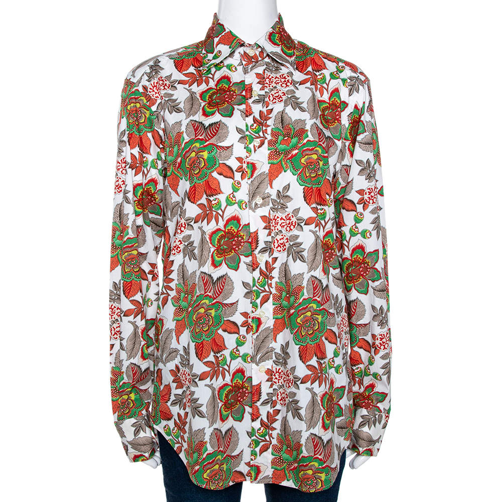 Pre Owned Etro White & Red Floral Printed Stretch Cotton Button Front Shirt M 