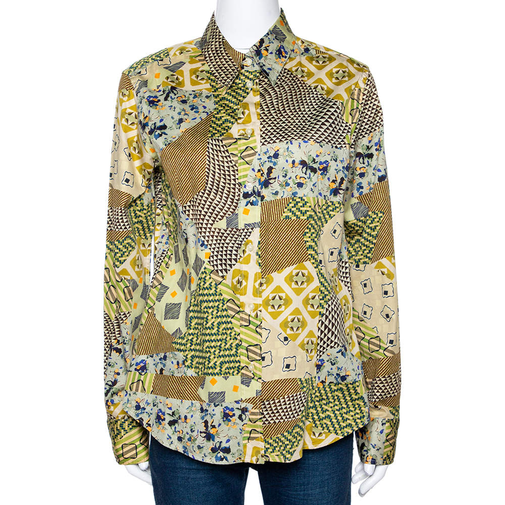 Etro Yellow Stretch Cotton Multi Print Button Front Shirt L
