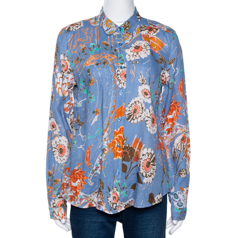 Pre Owned Etro Blue Floral Printed Linen Button Front Shirt L