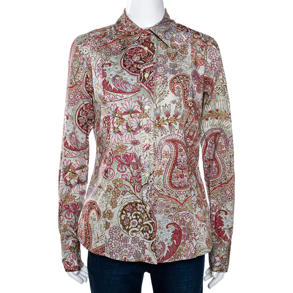 Etro Multicolor Floral Paisley Printed Stretch Cotton Button Front Shirt L 