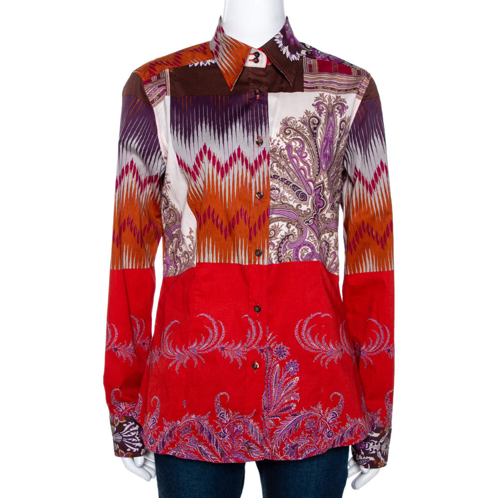 Pre Owned قميص إيترو قطن مطاطي بأزرار أمامية برتقالي وفوشيا مقاس كبير - لارج