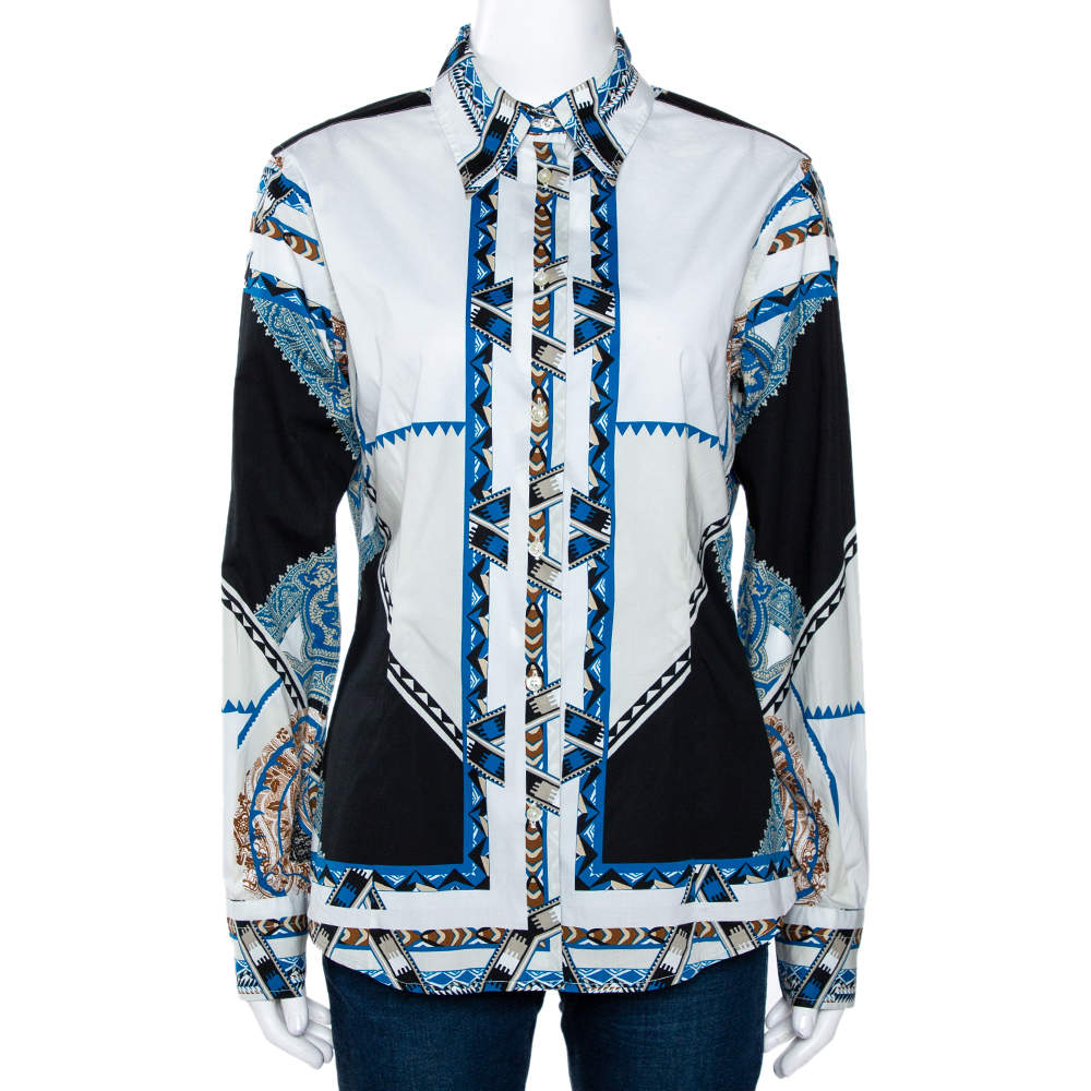 Etro Multicolor Graphic Tribal Printed Stretch Cotton Button Front Shirt L 