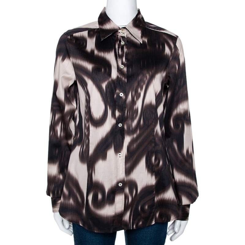 مملوكة مسبقًا Etro Brown Abstract Paisley Print Cotton Long Sleeve Shirt L