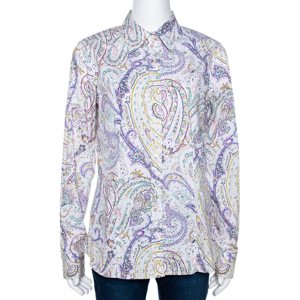 قميص إيترو قطن مطبوع بيزلي مخطط متعدد الألوان مقاس كبير - لارج