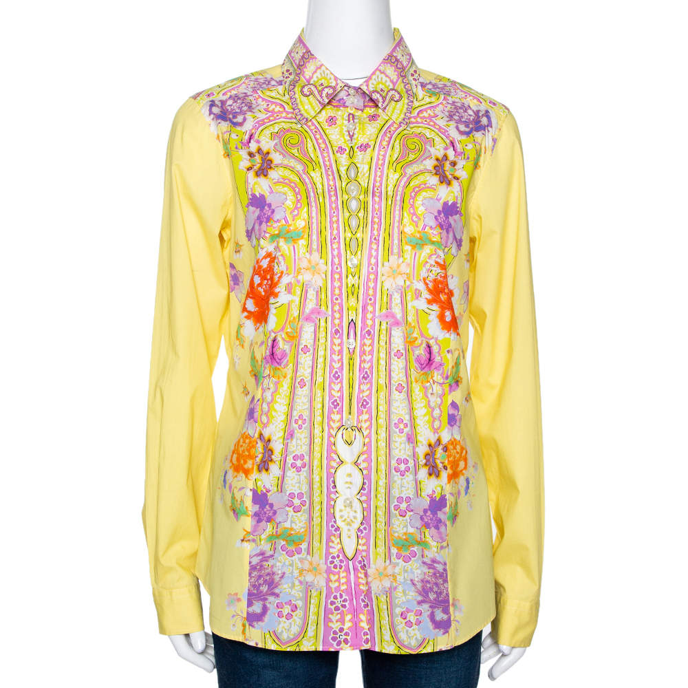 Pre Owned Etro Yellow Floral Paisley Printed Cotton Button Front Shirt L