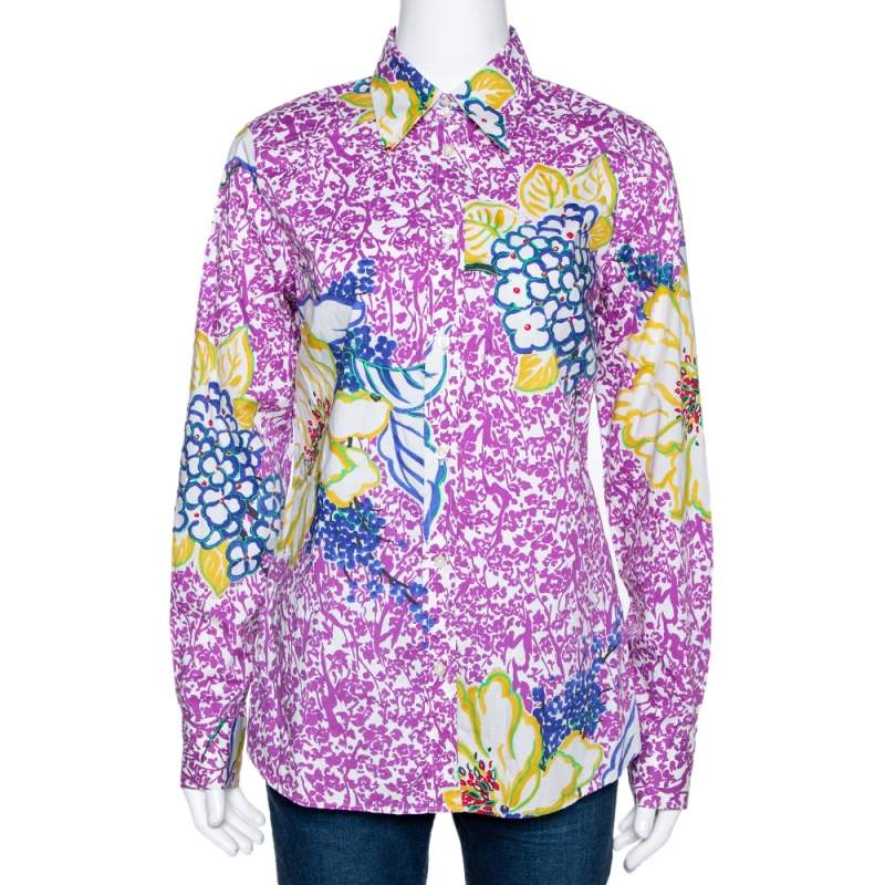 Etro Purple Floral Print Stretch Cotton Long Sleeve Shirt L