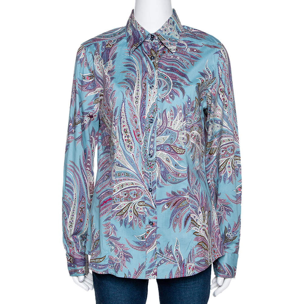 مملوكة مسبقًا قميص إيترو قطن سترتش طباعة بيزلي أزرق مخضر بأكمام طويلة مقاس كبير (لارج)