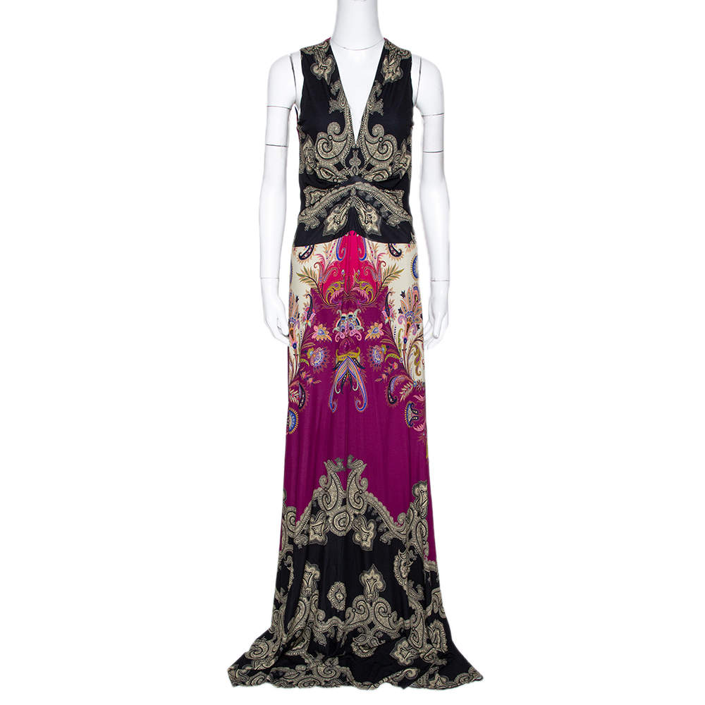 Etro Black & Purple Paisley Print Knit Sleeveless Maxi Dress L