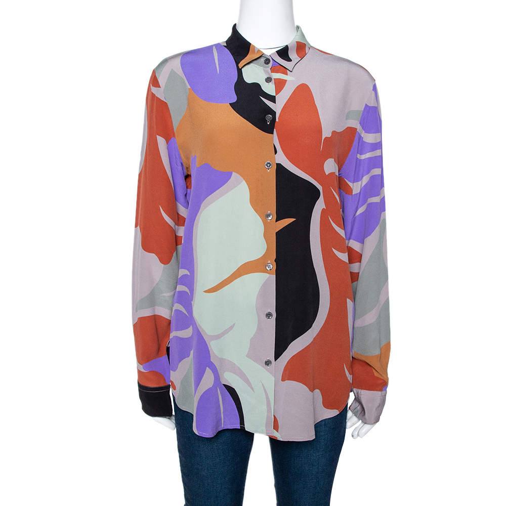 Etro Multicolor Abstract Printed Silk Crepe Button Front Shirt L
