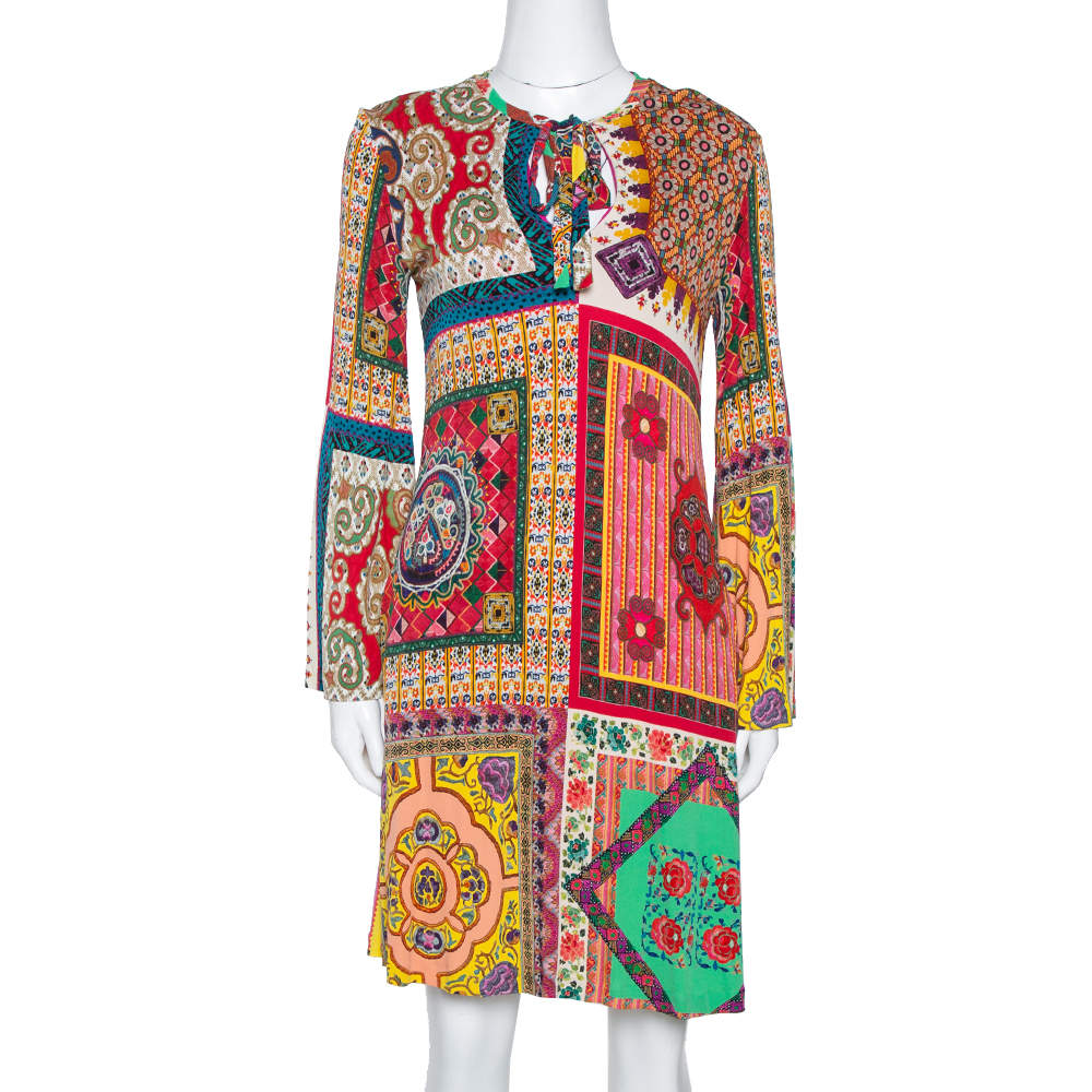 Pre Owned Etro Multicolor Patchwork Print Jersey V-Neck Shift Dress S