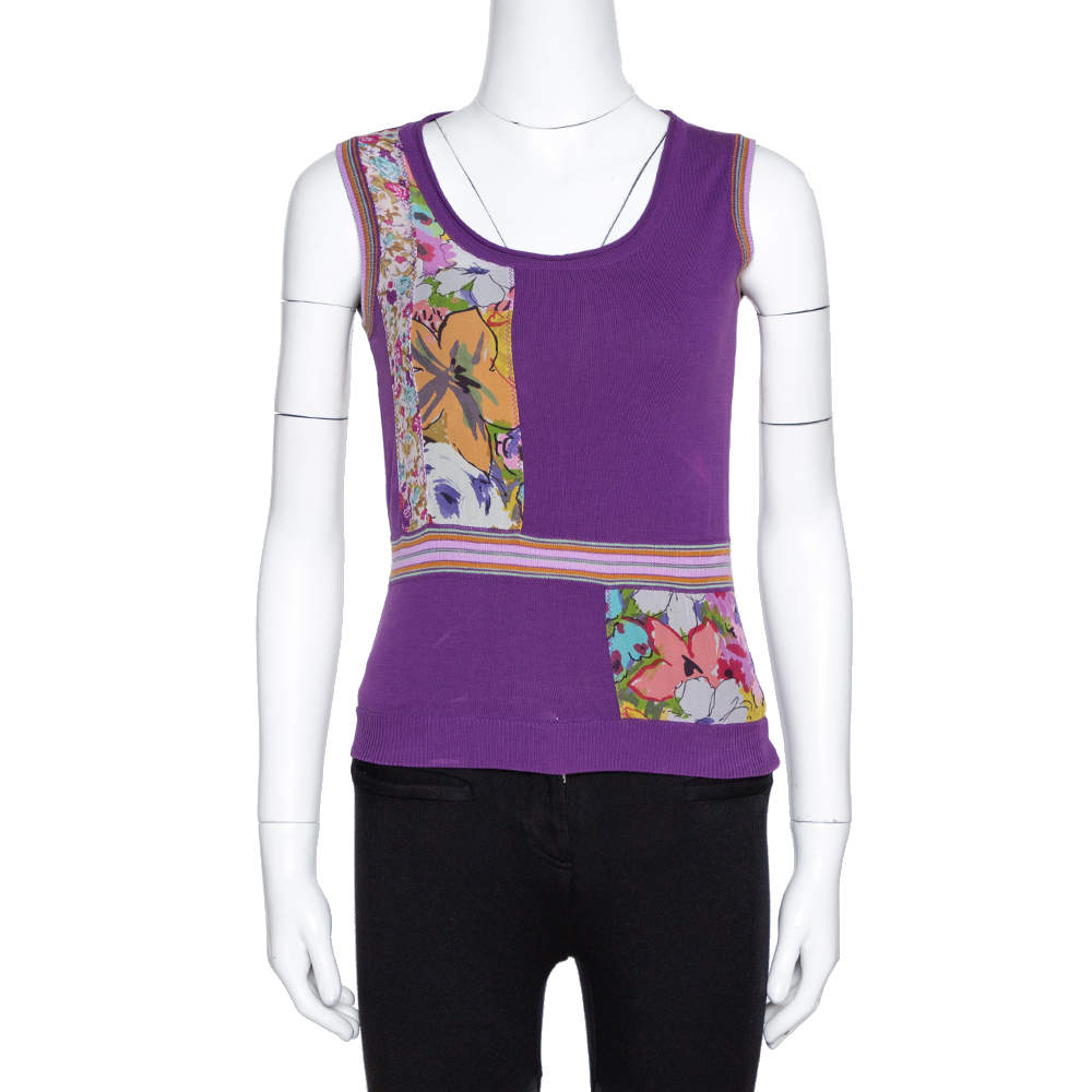 Etro Purple Silk & Knit Patched Sleeveless Top S