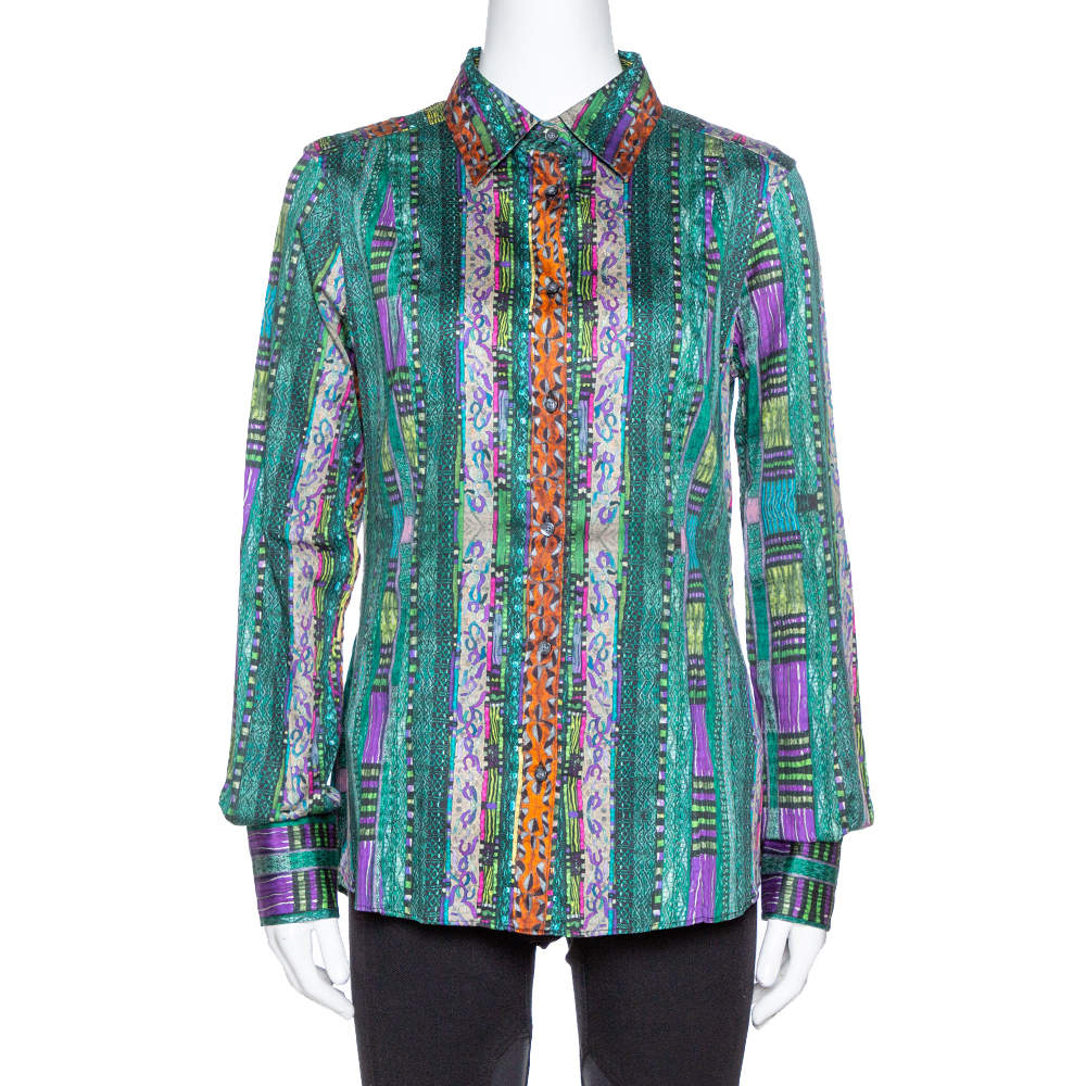 Etro Green Printed Stretch Cotton Long Sleeve Shirt L