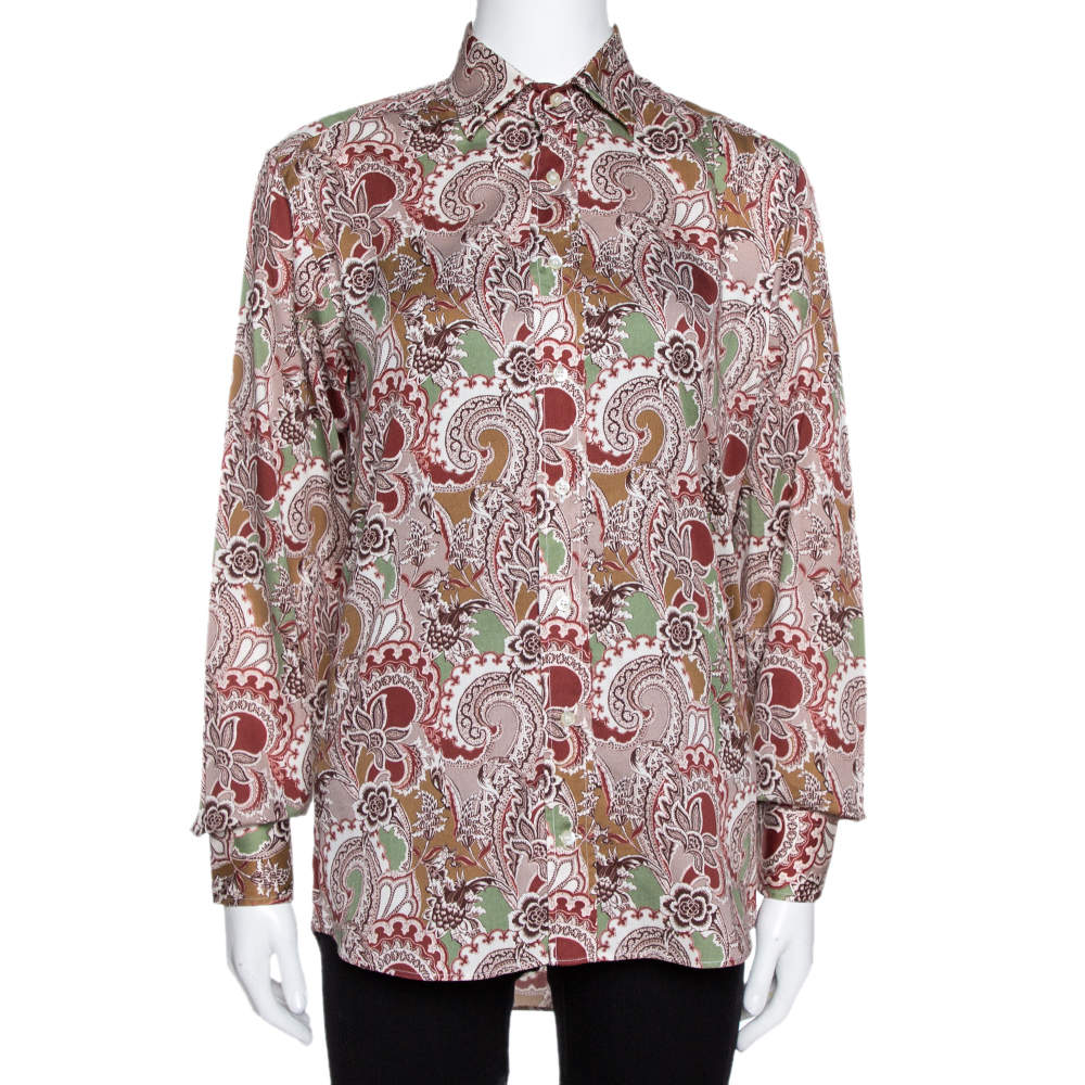 Pre Owned Etro Taupe Floral Paisley Print Cotton Long Sleeve Shirt S