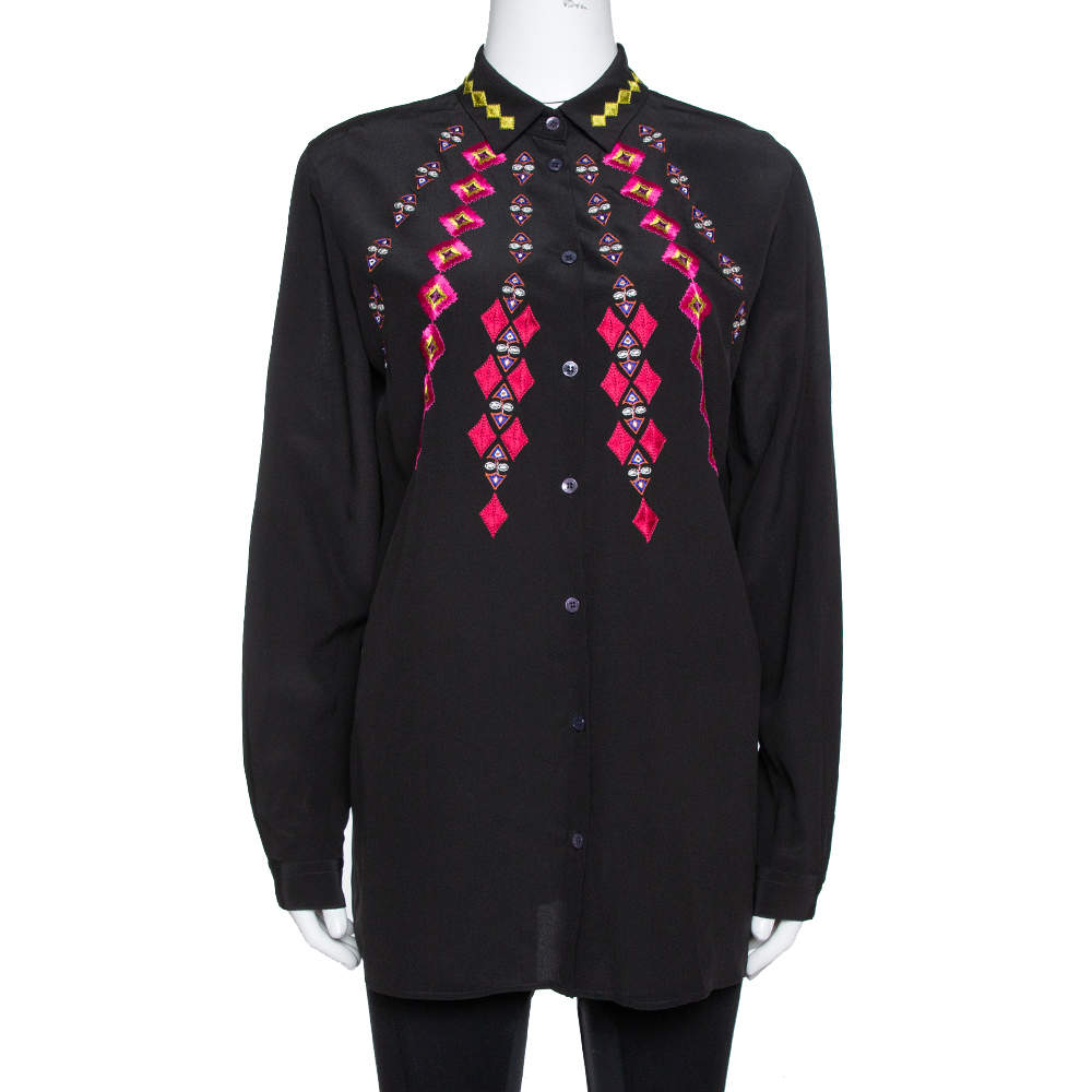 Pre Owned Etro Black Silk Crepe de Chine Embroidered Long Sleeve Shirt M
